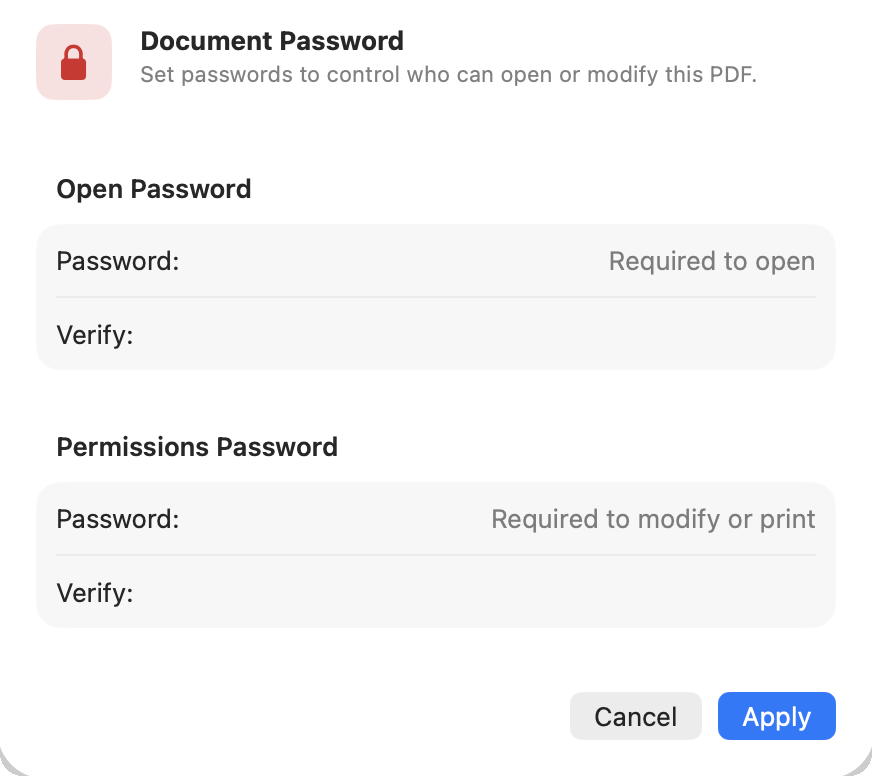 FizPDF Set Password sheet