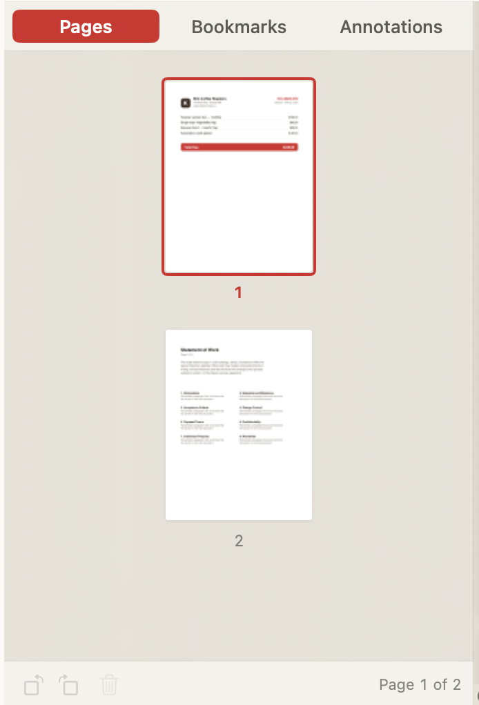 FizPDF page sidebar with page thumbnails