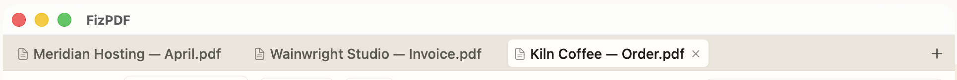 FizPDF tab bar with three open documents